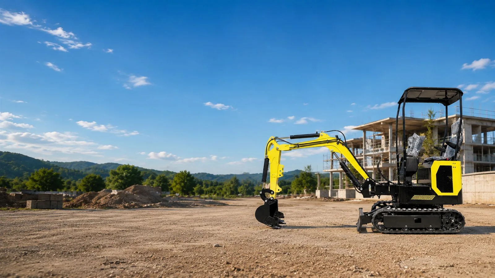 Excavator on a compact construction site